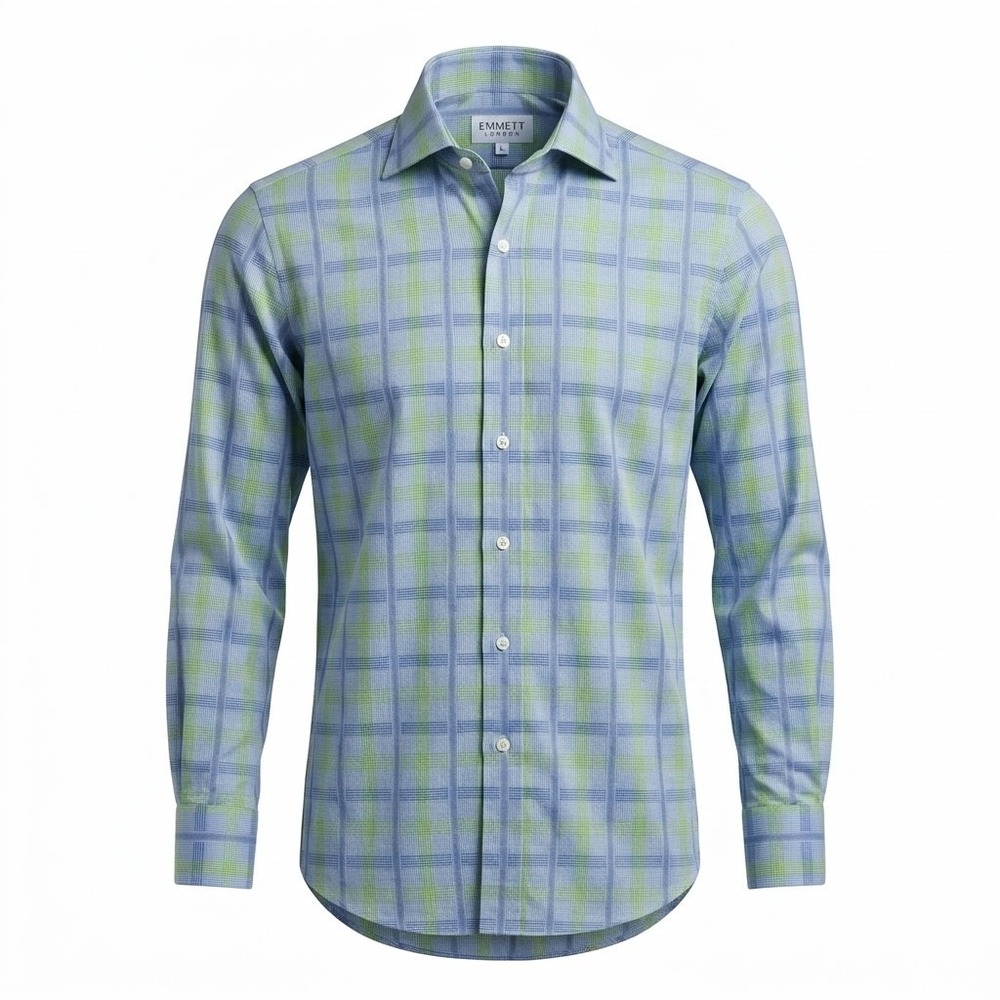 Emmett London Mens LARGE Blue Green Plaid Cotton Button Down Shirt - CJ